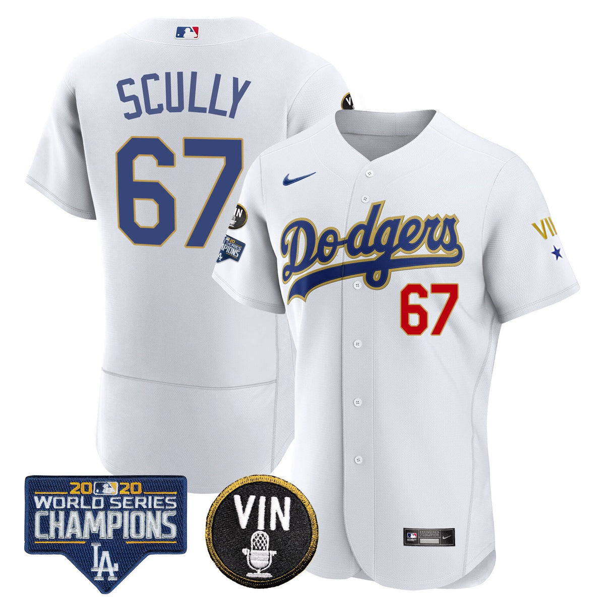 Men's Dodgers World Series & Vin Sculy Patch Gold Jersey - All Stitched