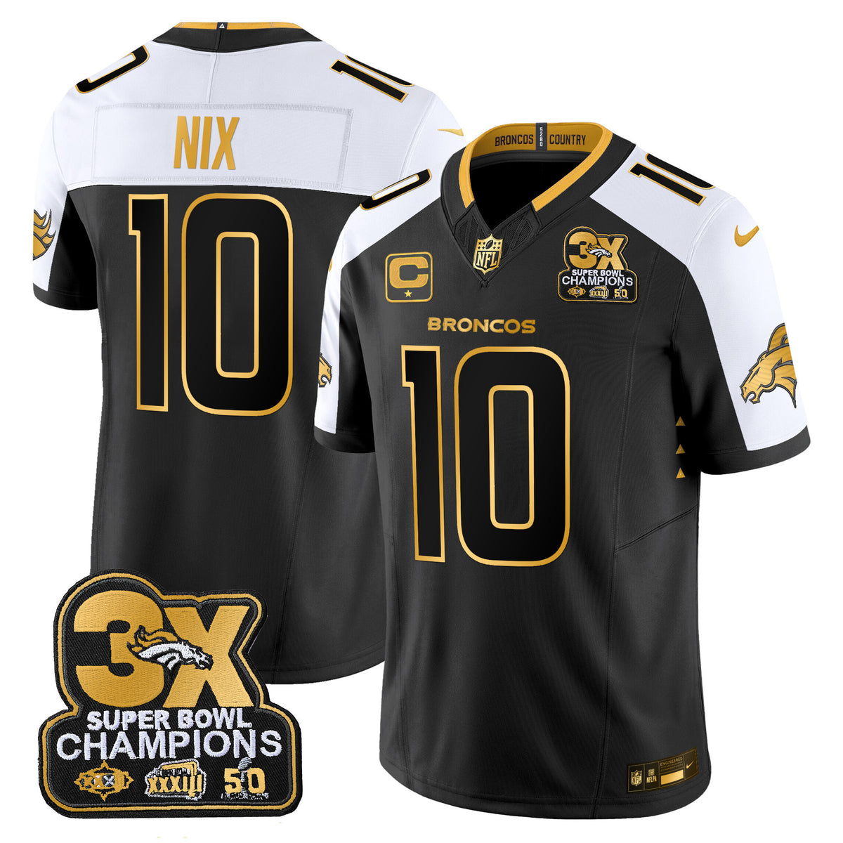 Men's Denver Broncos 3-Time Champions Patch Gold Vapor Limited Jersey - All Stitched